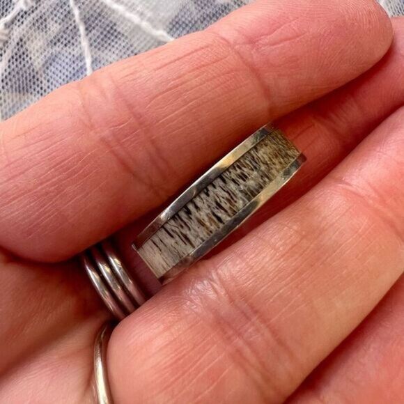 Woodsman Deer Antler Inlay Platinum Band Ring Unisex 8.75 - Picture 9 of 11